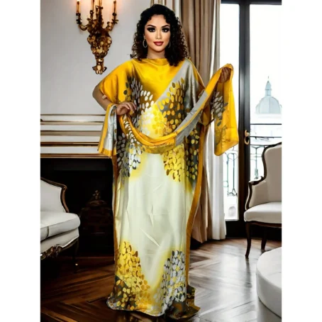 Robe caftan maxi à motif floral, grande taille, col ras du cou, manches courtes, tissu polyester non commandé, construction tissée